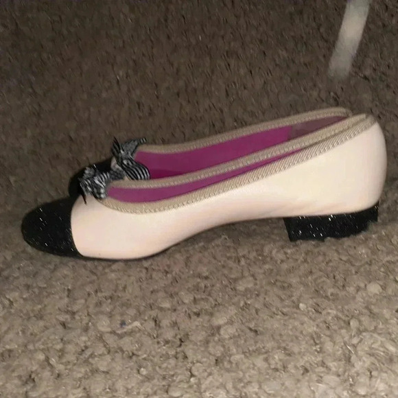 FERCA 81-ITALY-Nude Leather-Black Glitter Toe/Heel-Gingham Bow-Sz 37-Excellent - Picture 2 of 7